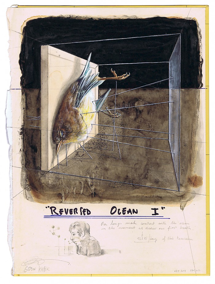 Reversed Ocean (GK/P 4), I_07.I.2017, pencil, gouache, pen, felt marker, ballpoint pen and indian ink on a book cover, 20 x 27cm