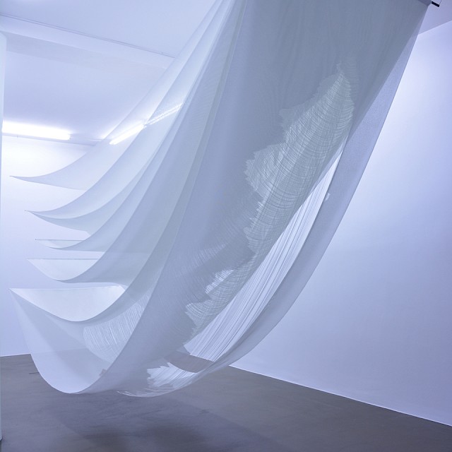Installation View WHITE GLASS | White Glass, 2014, Glass Fabric, Cut, Mounting made of Metal, 350 x 160 x 550 cm
