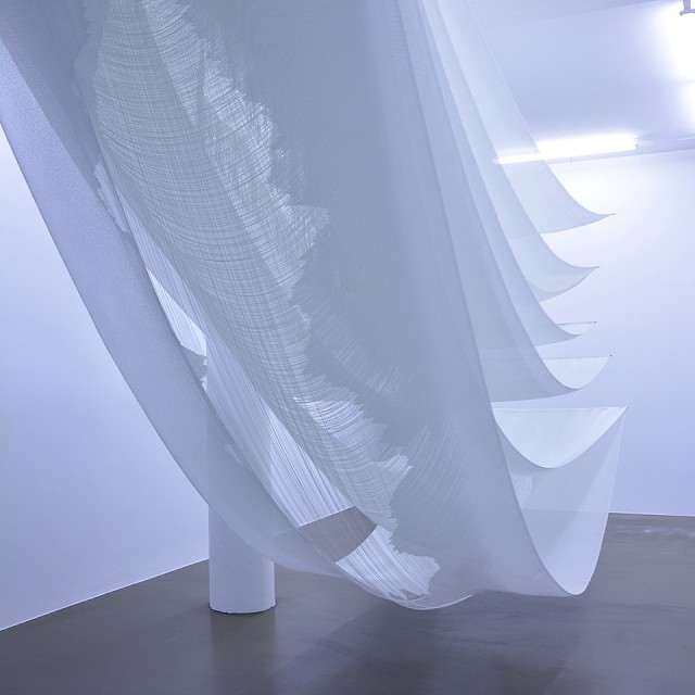 Installation View WHITE GLASS | White Glass, 2014, Glass Fabric, Cut, Mounting made of Metal, 350 x 160 x 550 cm