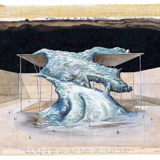 Gideon Kiefer (GK/P 2), Memorial for the Last Big Meltdown , 04.I.2017, Pencil, gouache, ballpoint pen and indian ink on book cover, 22,5 x 30cm