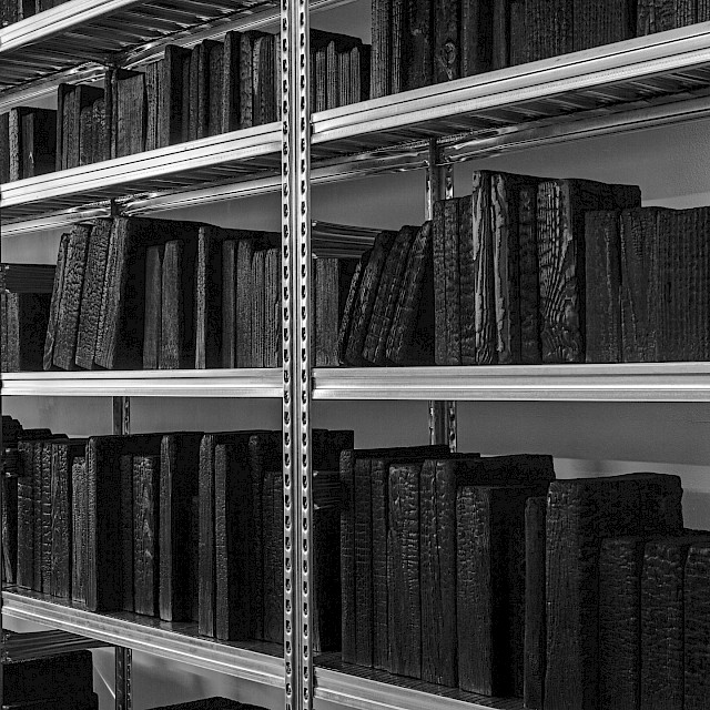 Fahrenheit, Detail of the installation, 2018, Galvanized shelves, stainless steel and calcined wood, 250 x 420 x 32 cm