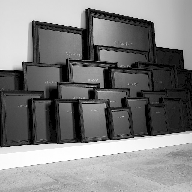 The Normal Law of Errors : Vernichtet, Installation, Variable dimensions and proposals Ancient burnt frames and graphite on wood