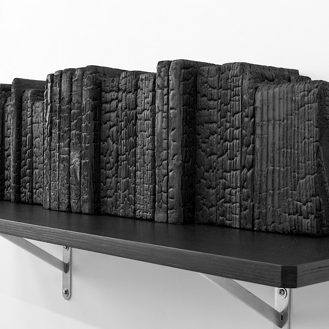 Fahrenheit (RLD/S 4), 2018, Wood, Ink on Shelf, 46,5 x 33 x 112 cm