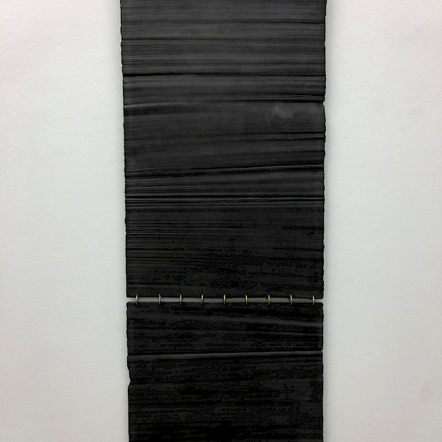 Untitled (GGN/S 16), 2018, Kunststoff, Hammerschlagpulver, Messingringe, 160 x 60 cm