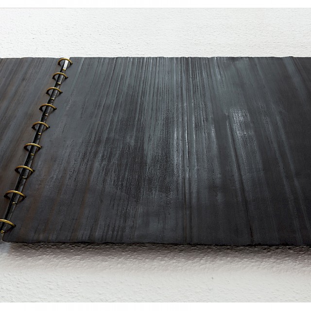 Untitled (GGN/S 16), 2018, Kunststoff, Hammerschlagpulver, Messingringe, 160 x 60 cm